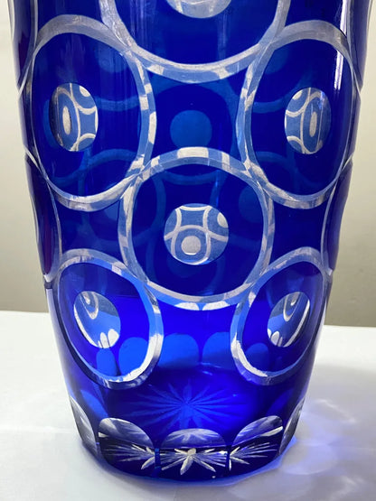 Vaso De Cristal Azul Cobalto Lapidado Boêmia
