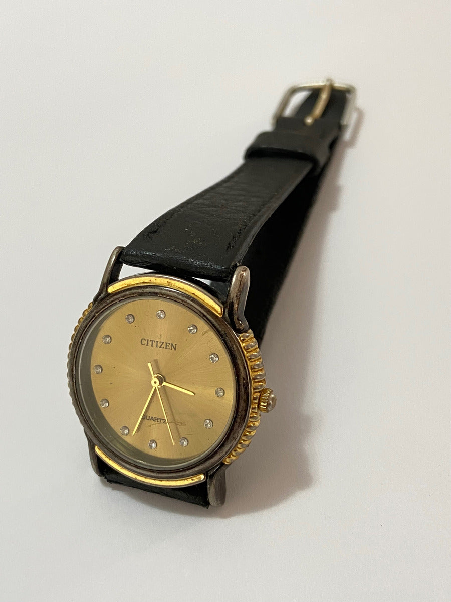 Relógio Antigo Citizen Quartz Dourado Pedras Pulseira Couro Preto