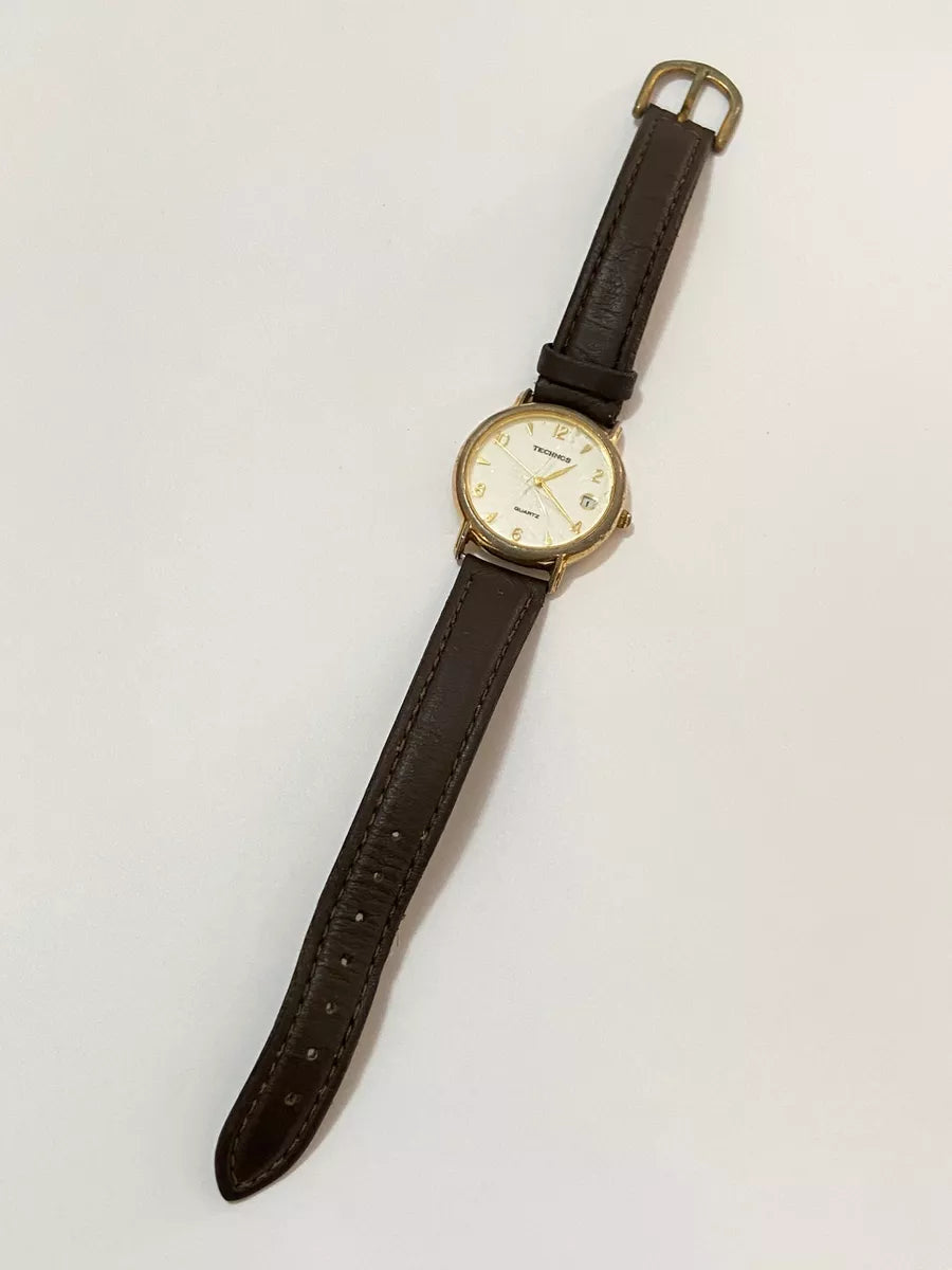 Relógio Antigo Technos Quartz Dourado Pulseira Couro Preta Dourado