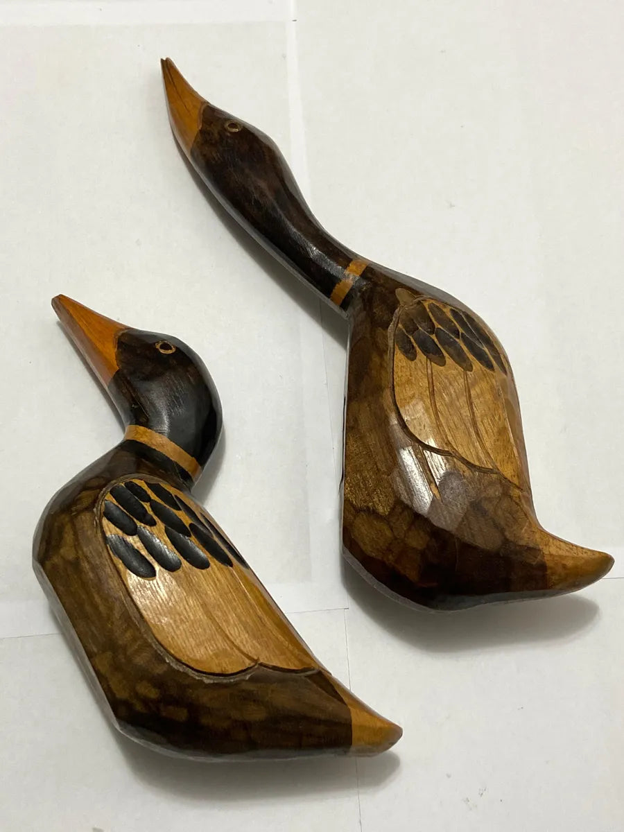 Par De Patos Em Madeira Esculpida À Mão - Antigas Esculturas