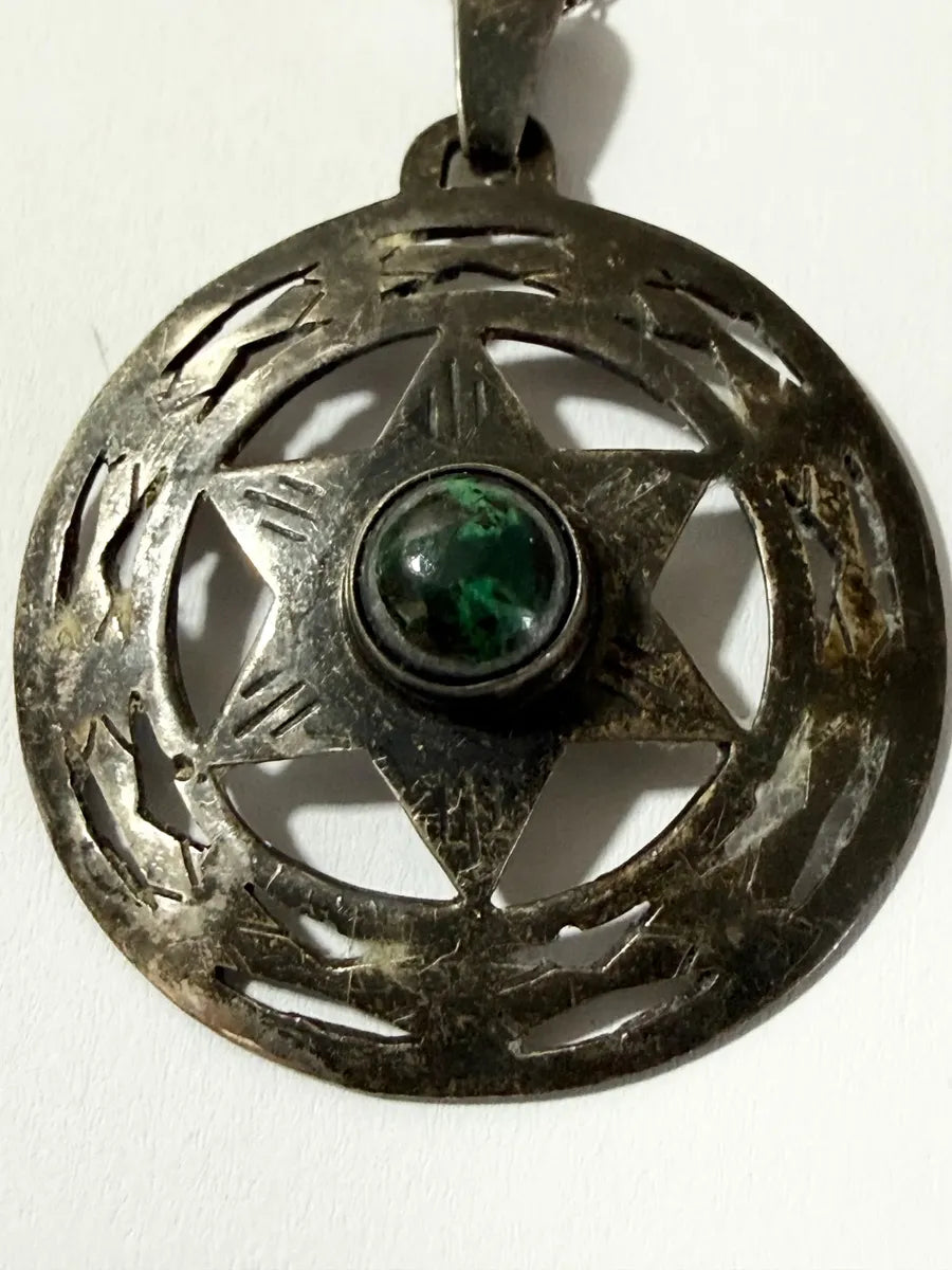 Colar Antigo Prata 925 Israel Estrela De Davi C/ Pedra Verde