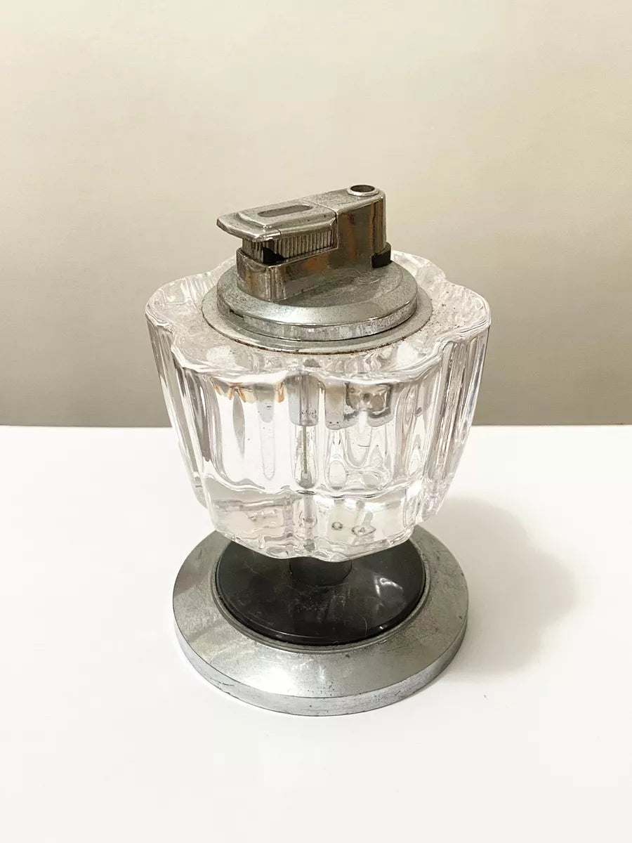 Isqueiro De Mesa Antigo Em Vidro E Metal