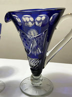 Conjunto Antigo Cristal Azul Lapidado Jarra + 5 Copos