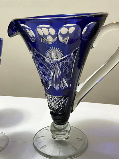 Conjunto Antigo Cristal Azul Lapidado Jarra + 5 Copos