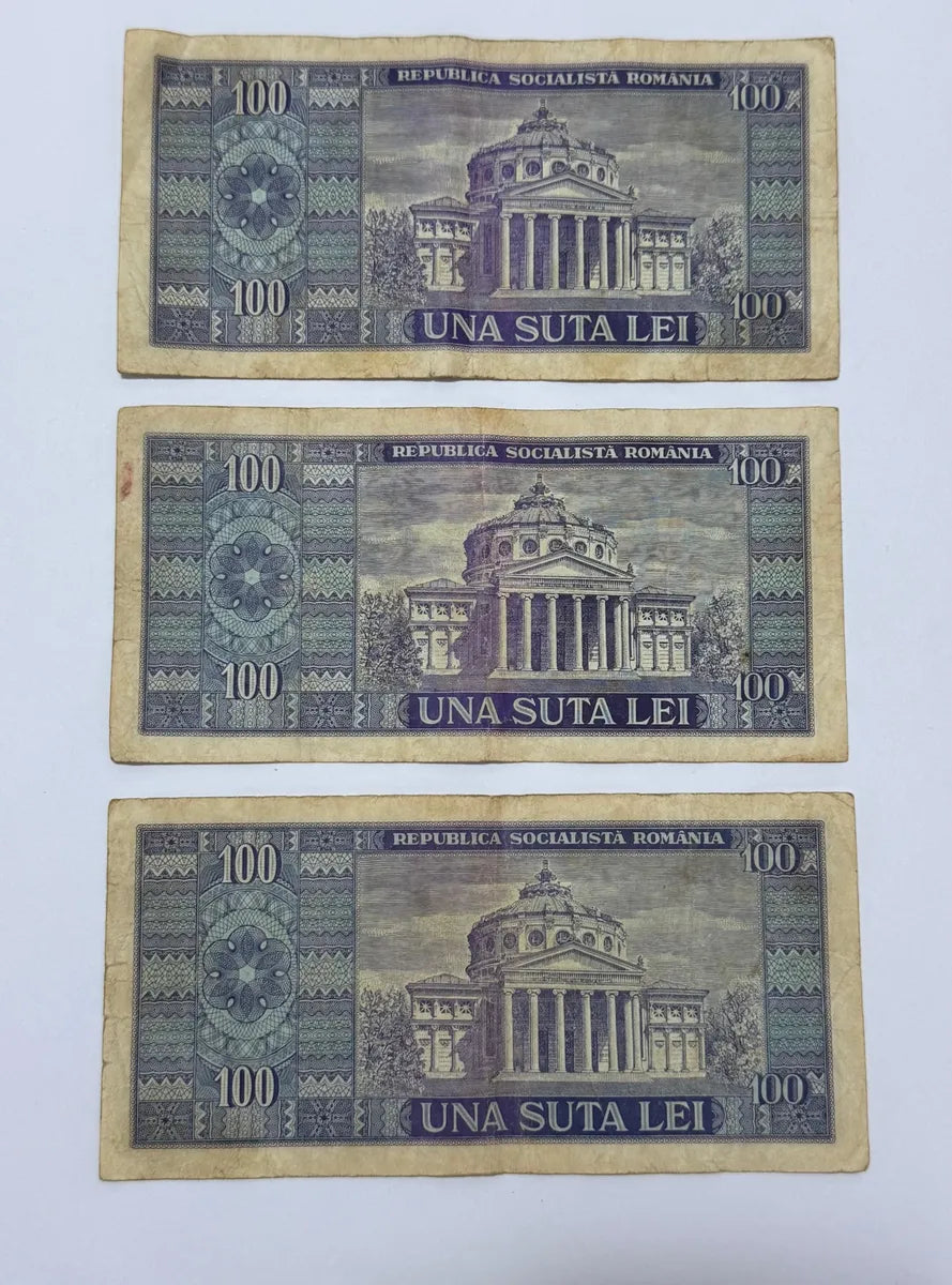 Lote 3 Cédulas Antigas Romênia 100 Lei Una Suta Lei 1966