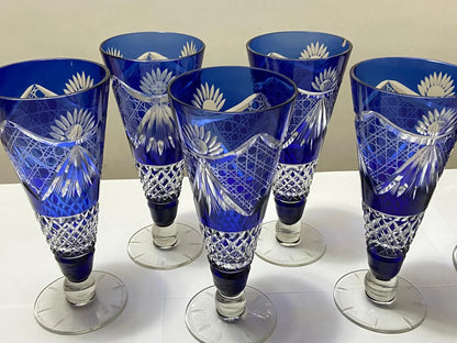Conjunto Antigo Cristal Azul Lapidado Jarra + 5 Copos