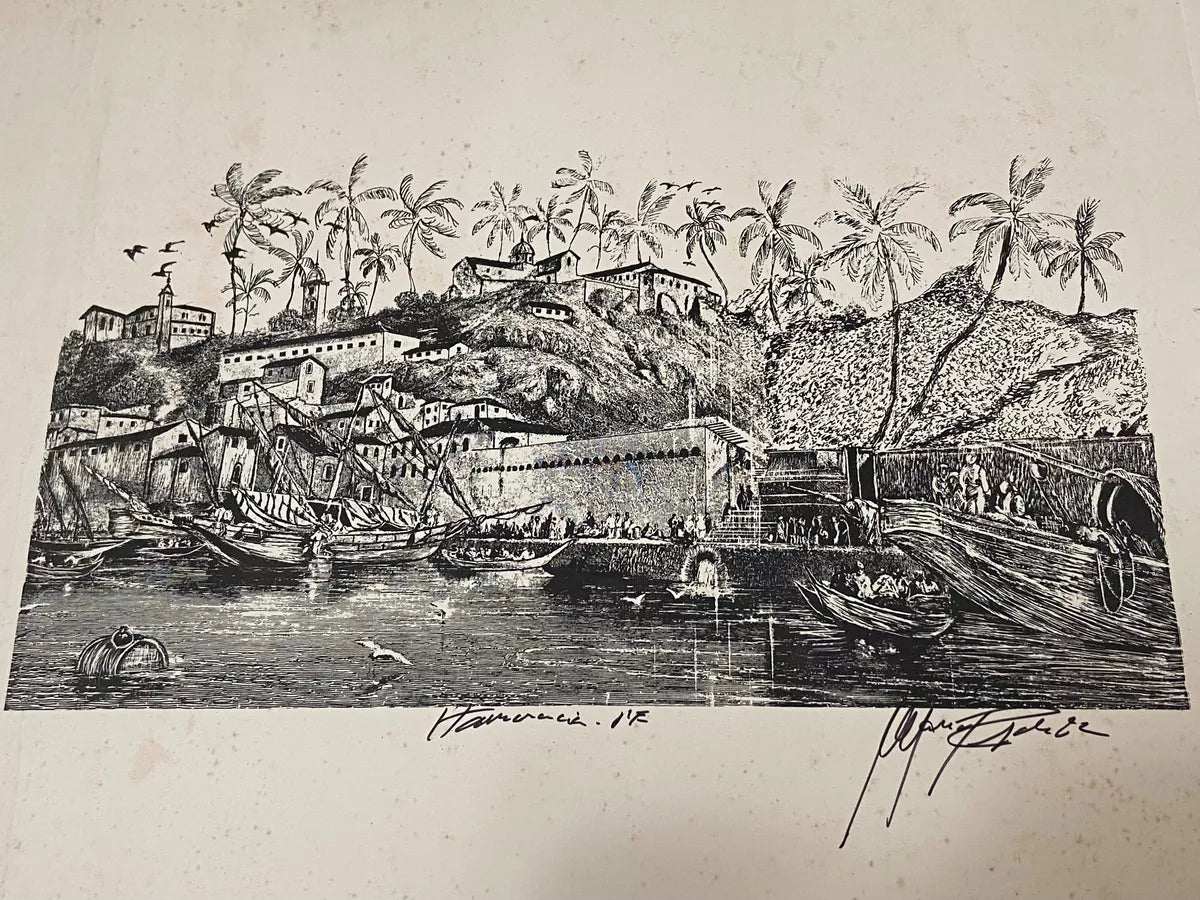 Gravura Antiga Porto Colonial Com Embarcações Assinada