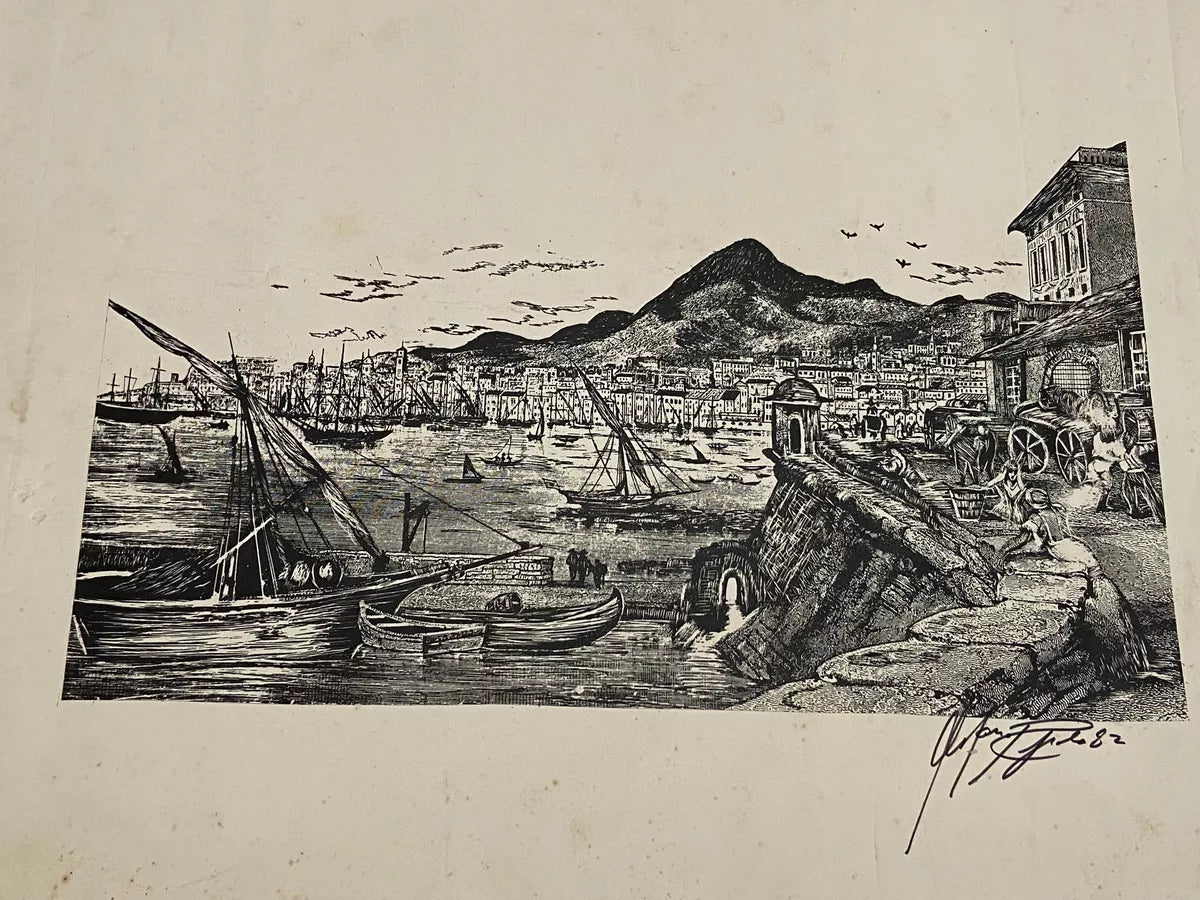 Gravura Antiga Barcos Porto Aos Pés Da Montanha Assinada