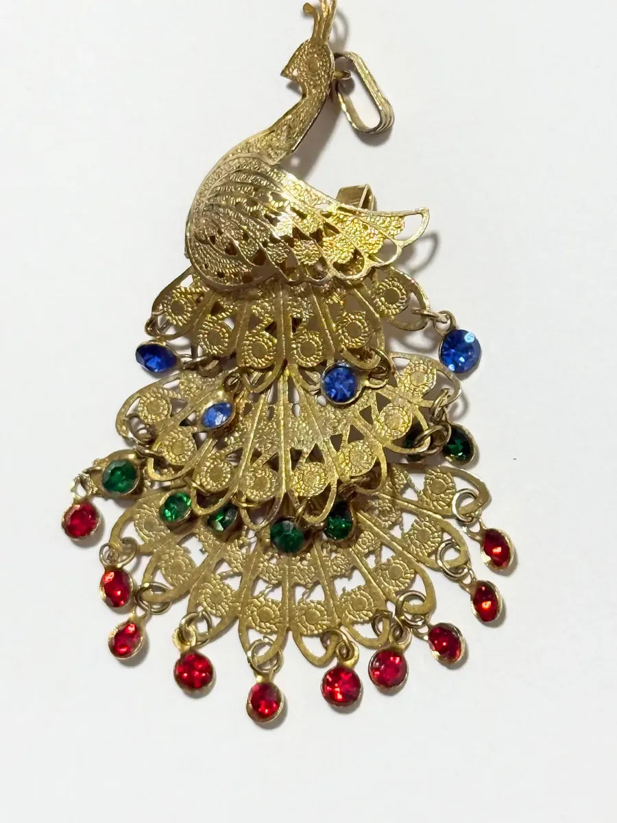Broche Antigo Pavão Dourado Filigrana Pedras Coloridas