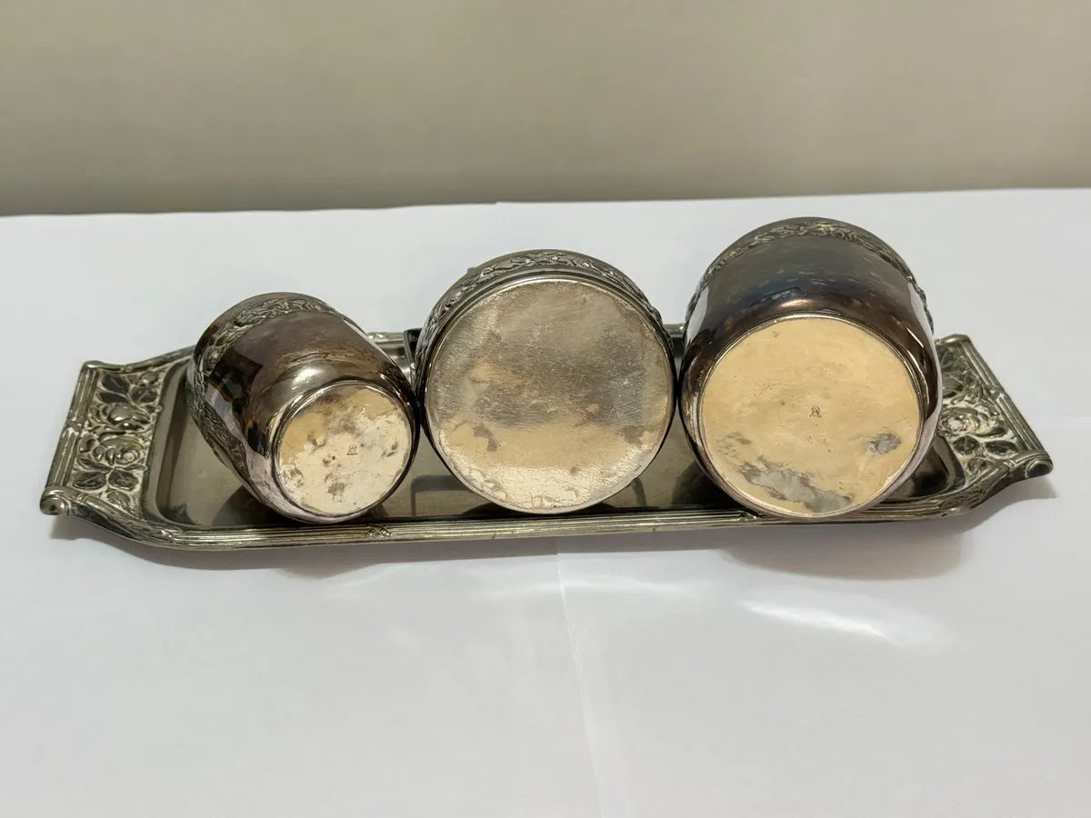 Conjunto Antigo Prata Wolff Bandeja + 3 Peças Floral