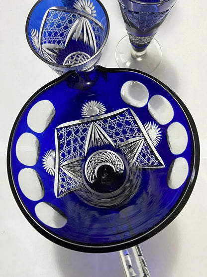 Conjunto Antigo Cristal Azul Lapidado Jarra + 5 Copos