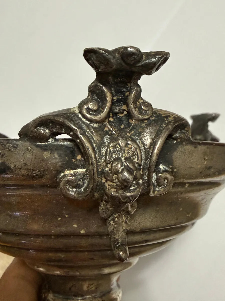 Centro De Mesa Fruteira Antiga Em Metal Prateado 11x14cm