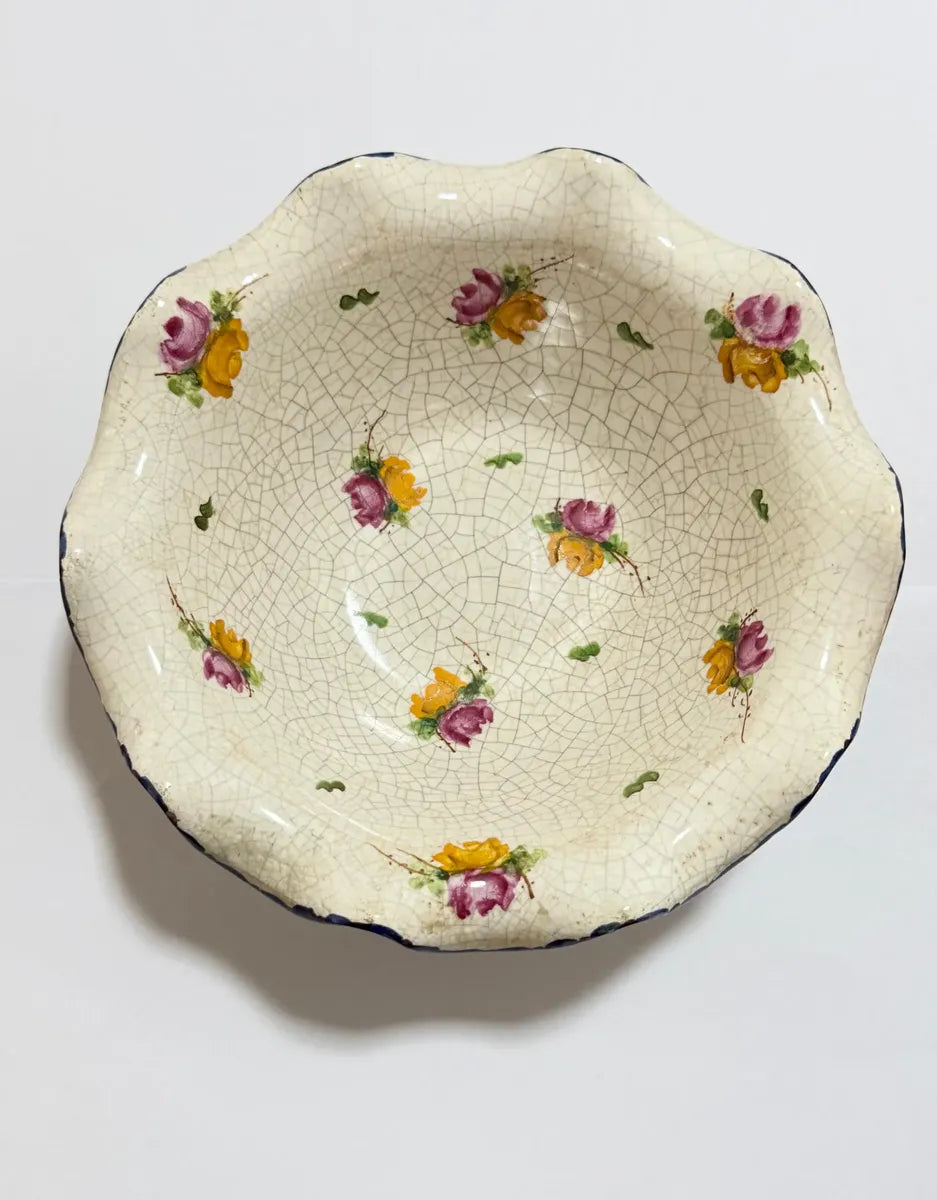 Tigela Antiga Cerâmica Craquelê Flores Pintadas À Mão