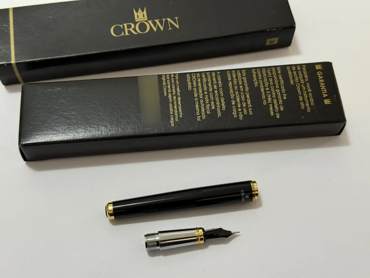 Caneta Antiga Tinteiro Crown Preta Com Pena Iridium Point