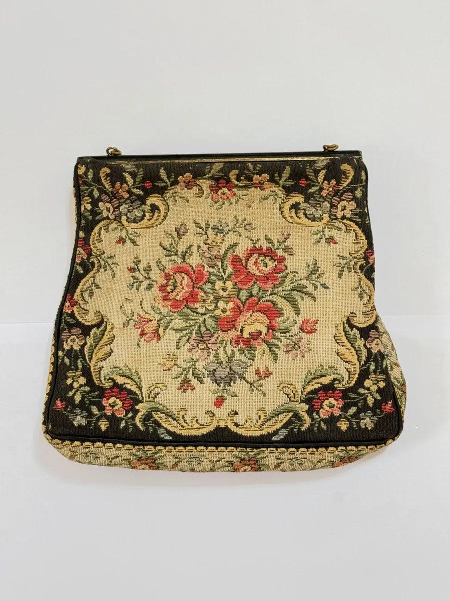 Bolsa De Festa Tapeçaria Floral Francesa 15x16cm Antiga