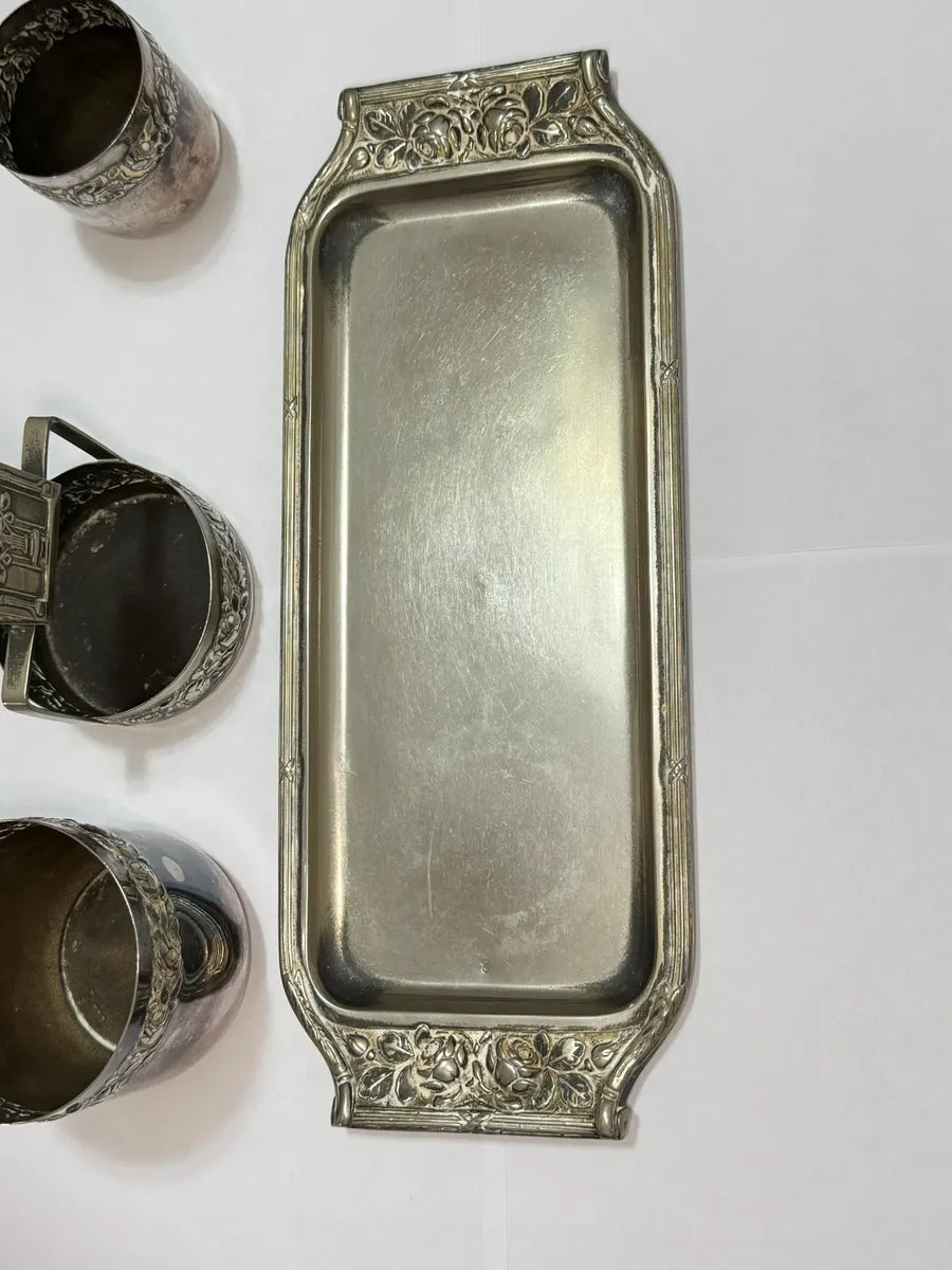 Conjunto Antigo Prata Wolff Bandeja + 3 Peças Floral