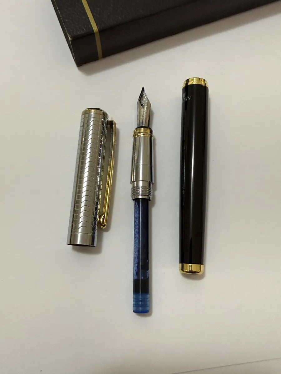 Caneta Tinteiro Crown Clássica Aço E Preto Com Caixa Preto E Prata