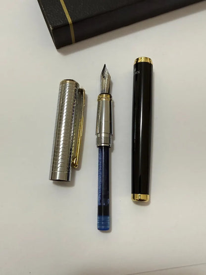 Caneta Tinteiro Crown Clássica Aço E Preto Com Caixa Preto E Prata