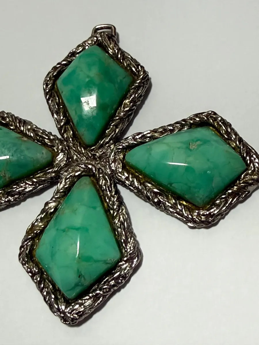 Pingente Antigo Cruz Com 4 Pedras Turquesa 8,5cm