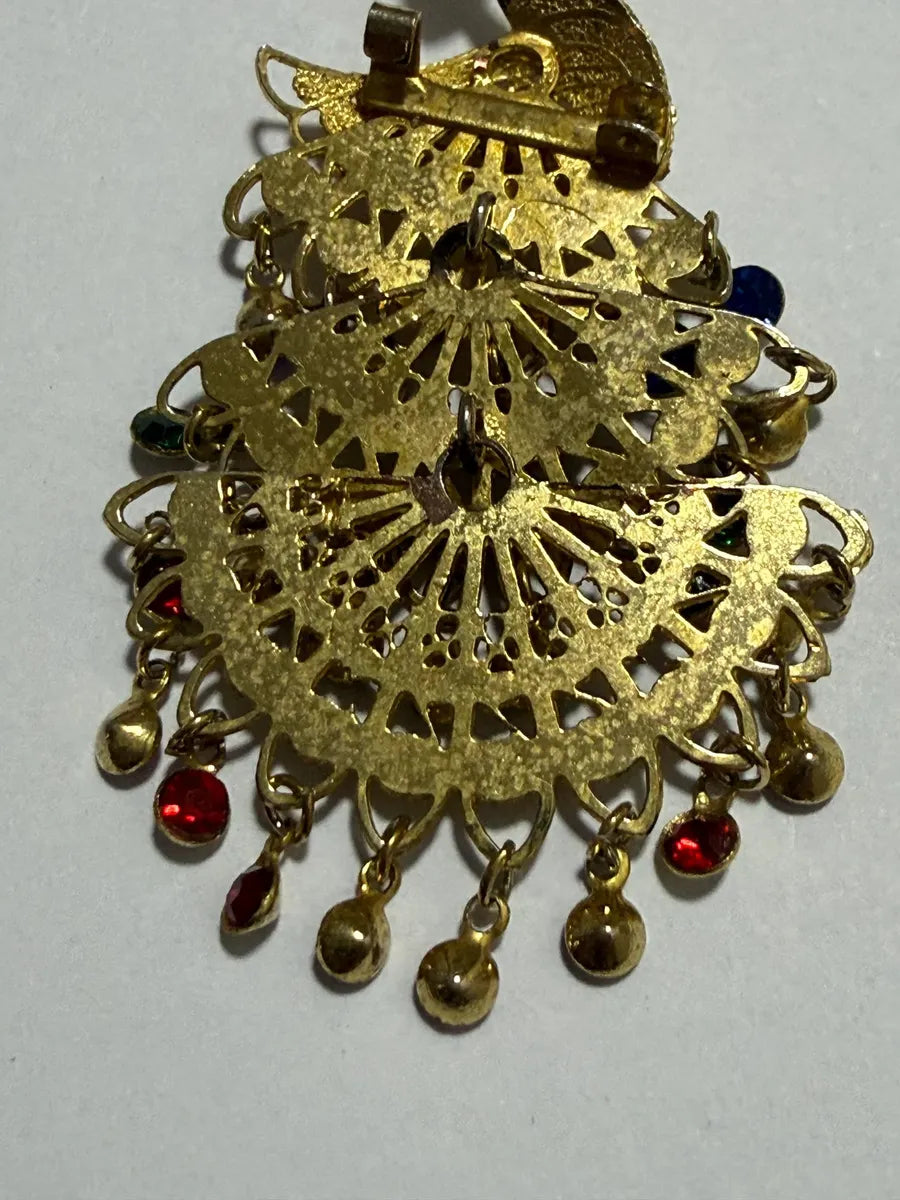 Broche Antigo Pavão Dourado Filigrana Pedras Coloridas