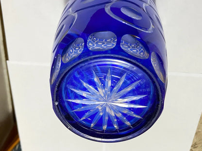 Vaso De Cristal Azul Cobalto Lapidado Boêmia