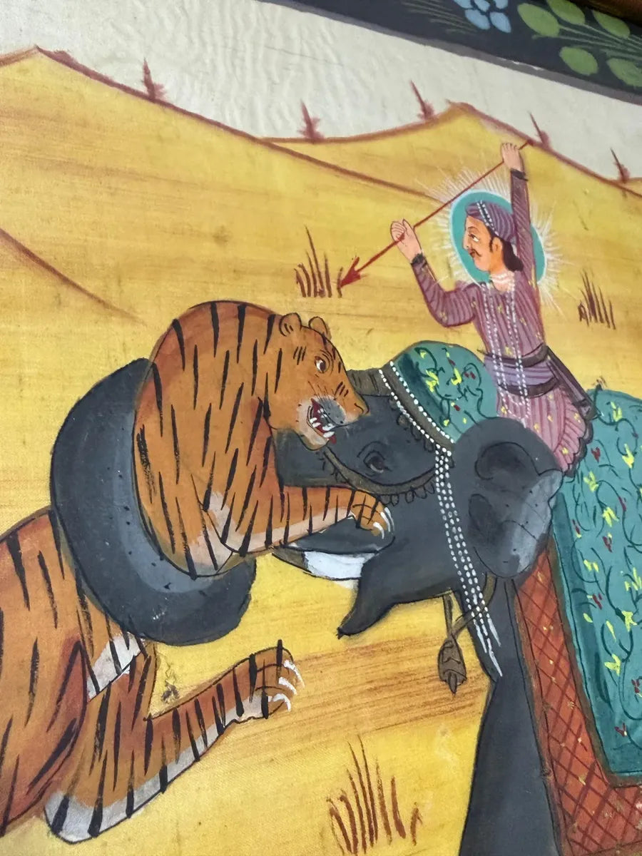 Quadro Pintura Antiga Indiana Em Seda - Caça Ao Tigre
