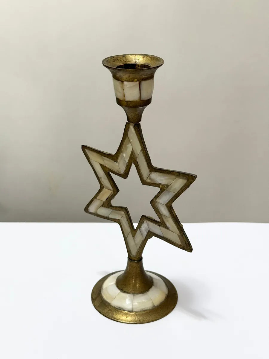 Castiçal Antigo Estrela De Davi Em Metal Com Madrepérola