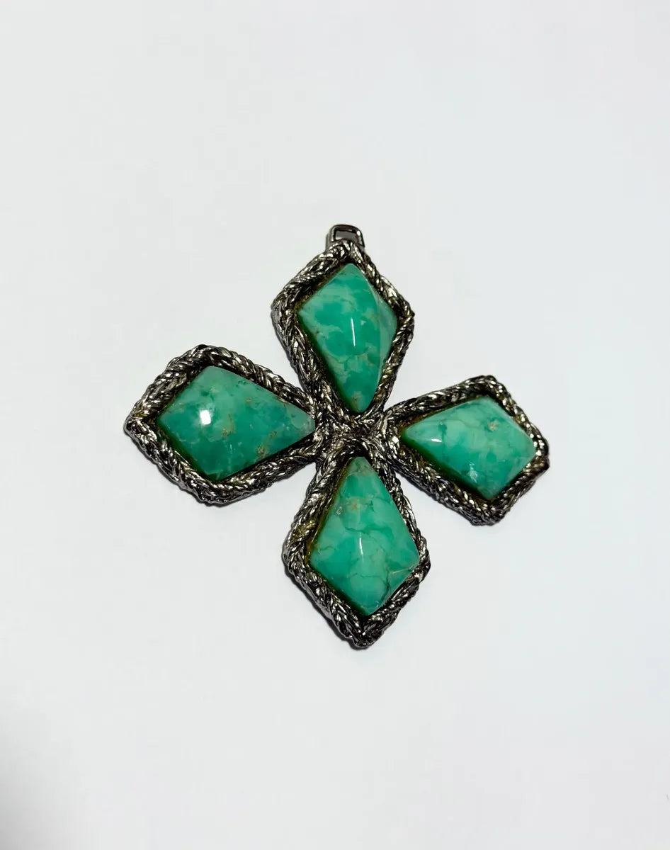 Pingente Antigo Cruz Com 4 Pedras Turquesa 8,5cm