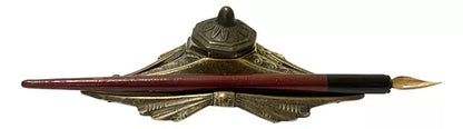 Tinteiro Porta Caneta Antigo Em Bronze + Pena Fritz Johansen