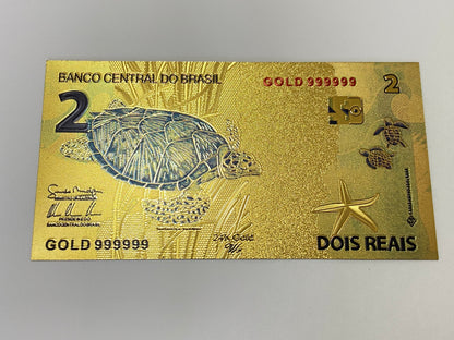 Cédula de 2 Reais Fantasia Banho Ouro 24K Colecionável
