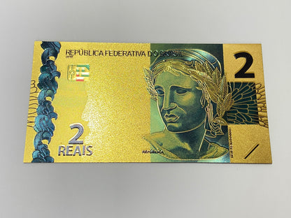 Cédula de 2 Reais Fantasia Banho Ouro 24K Colecionável