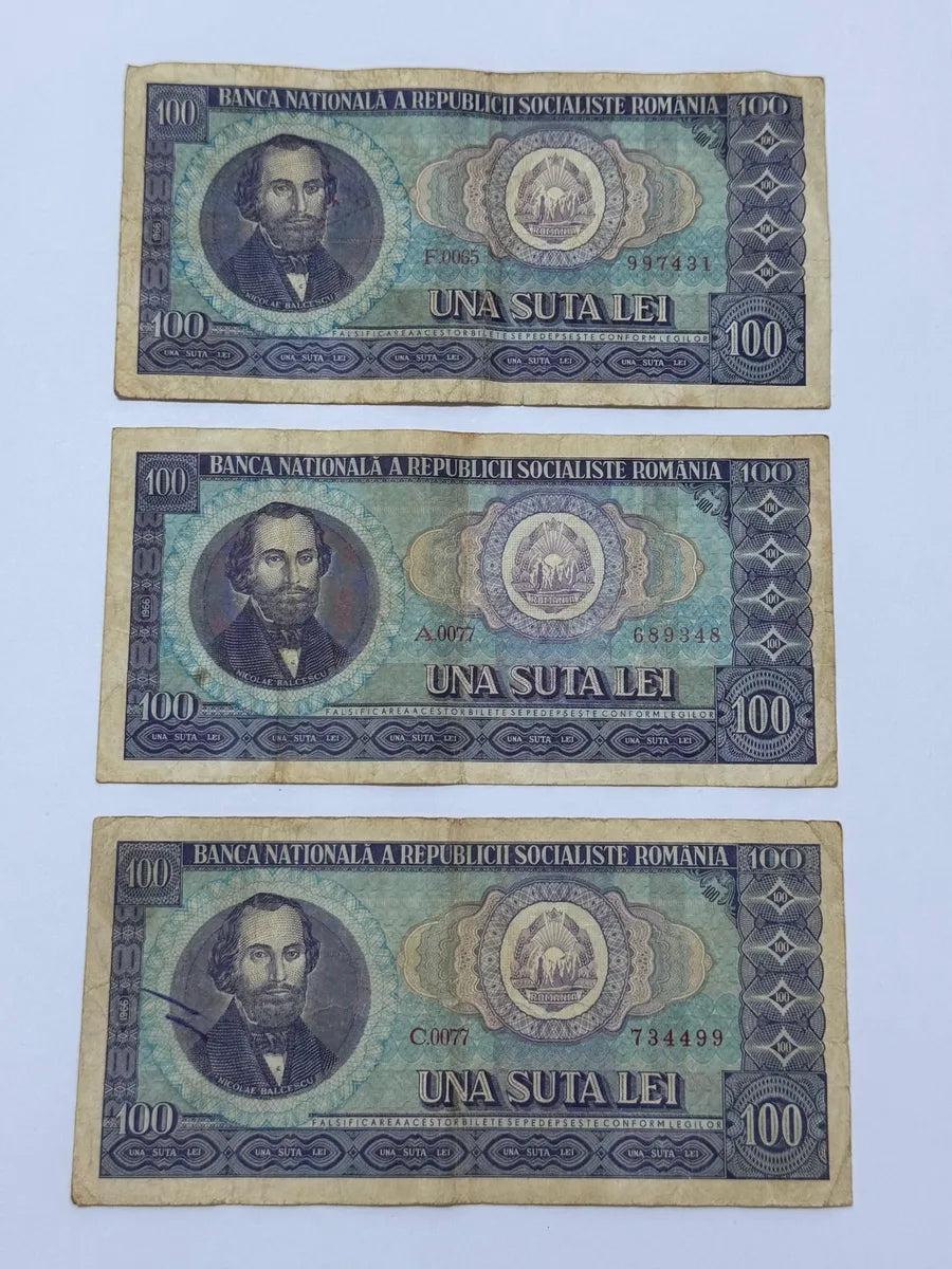Lote 3 Cédulas Antigas Romênia 100 Lei Una Suta Lei 1966