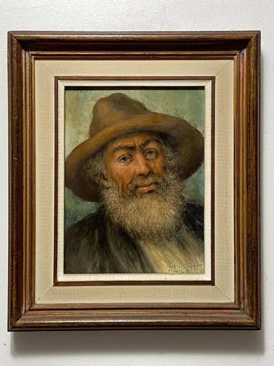 P. Licatti - Quadro Antigo Óleo S/ Placa - Retrato Homem Barbado
