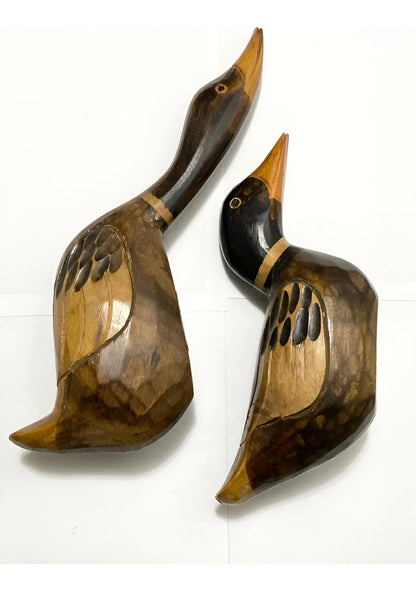 Par De Patos Em Madeira Esculpida À Mão - Antigas Esculturas