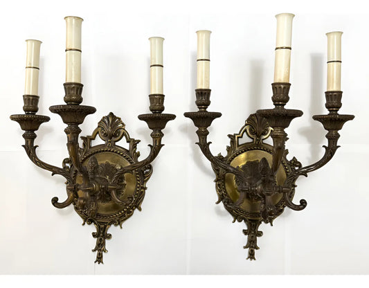 Par De Arandelas De Parede Antigas Bronze 3 Braços Luís XV