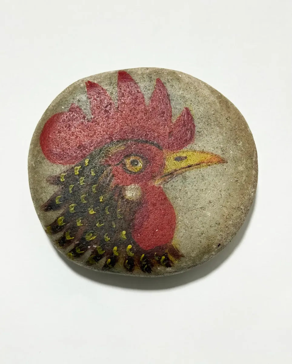Pedra Seixo Pintada À Mão Galo Arte Artesanal 10cm