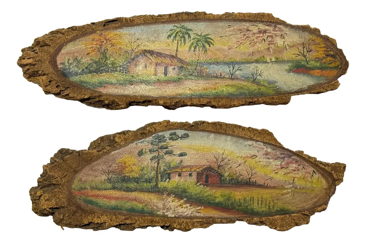 Pinturas Antigas Em Casca De Árvore Cenas Rurais Rústicas