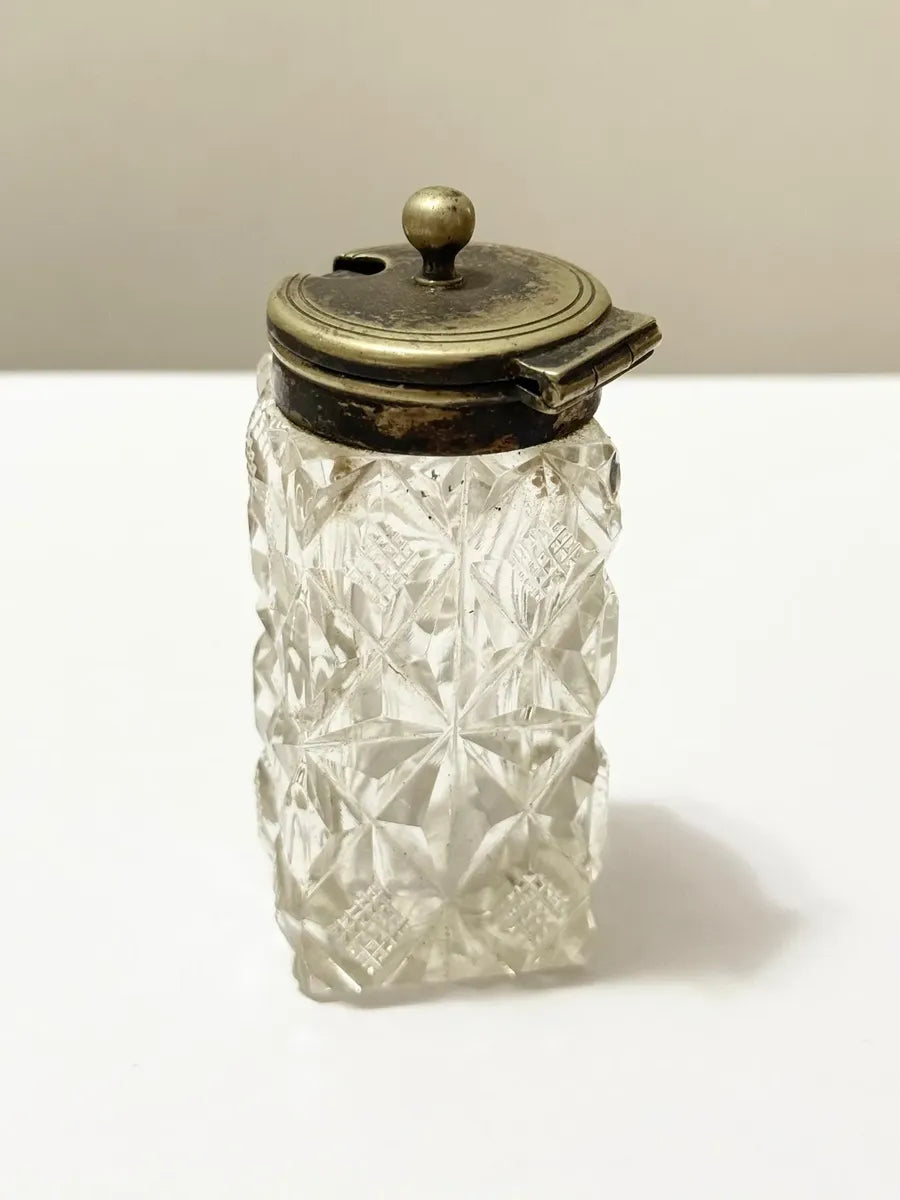 Pote Antigo Em Vidro Lapidado C/ Tampa Metal