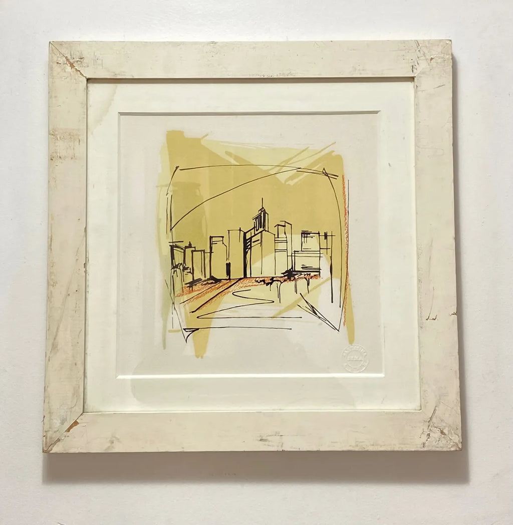 Quadro Abstrato Skyline Com Moldura Branca Colorido