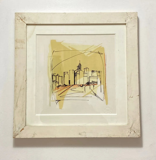 Quadro Abstrato Skyline Com Moldura Branca Colorido