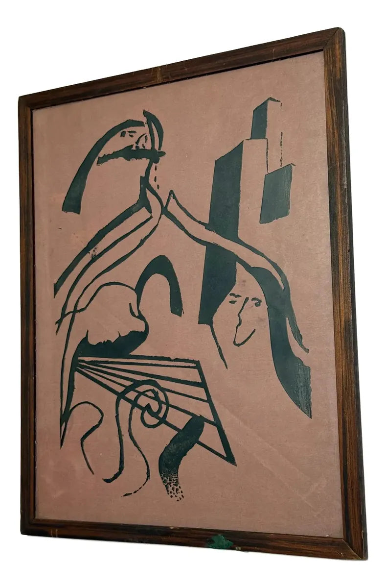 Quadro Antigo Arte Abstrata Com Figuras Estilizadas Déc 1960