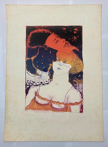 Quadro Gravura Antiga Assinada Figura Feminina Máscara