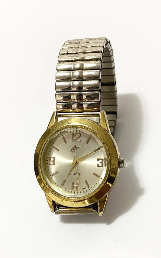 Relógio Antigo Quartz Dourado Pulseira Elastica Water Resist Prateado