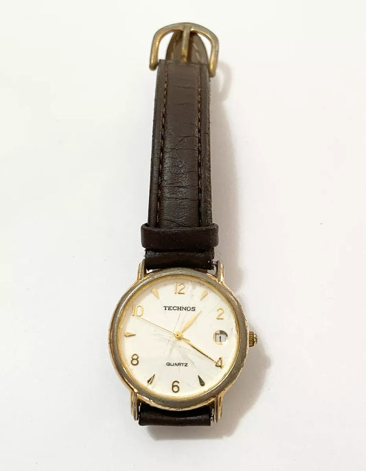 Relógio Antigo Technos Quartz Dourado Pulseira Couro Preta Dourado