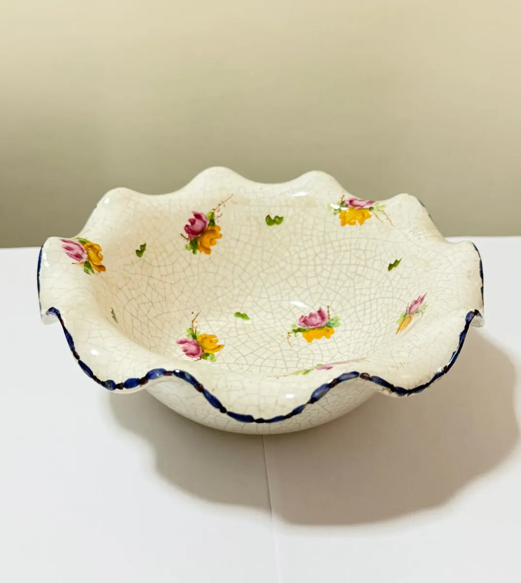 Tigela Antiga Cerâmica Craquelê Flores Pintadas À Mão