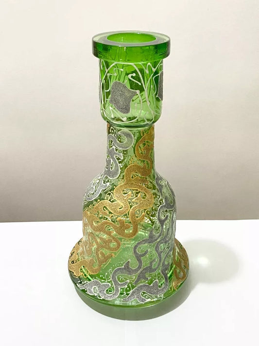 Vaso Antigo Narguilé Vidro Verde Detalhes Dourados Prateados