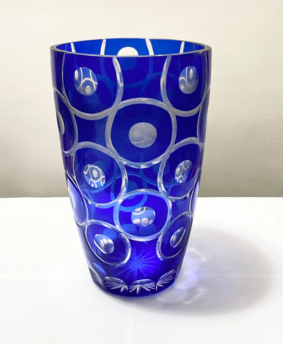 Vaso De Cristal Azul Cobalto Lapidado Boêmia