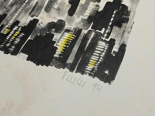 quadro Gravura antiga Abstrata Paisagem Urbana Assinada 50x70