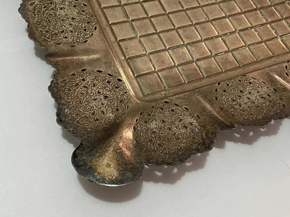 Bandeja Antiga De Metal Com Desenhos Retangular Cor Prata