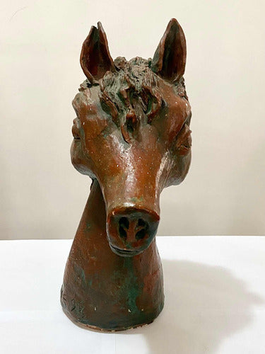 Escultura Antiga Cabeça De Cavalo Em Terracota Assinada
